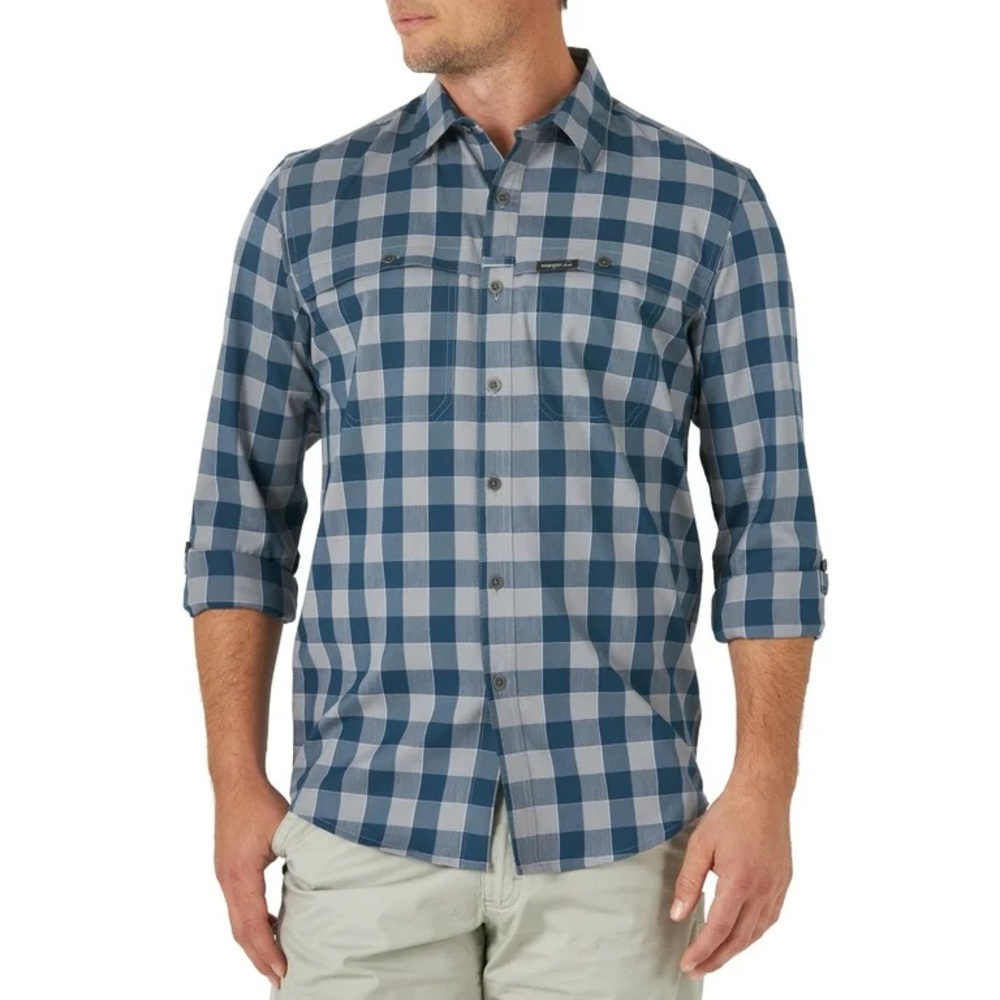 Wrangler Men's Outdoor LS  Utility Camp Shirt Mens Large Blue Gray Buttoned Down